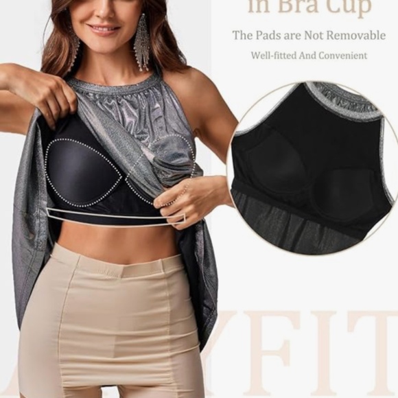 ANYFITTING Women's Built in Bra Sparkly Sequin Holiday Mini Short Dress Halter - Picture 3 of 5